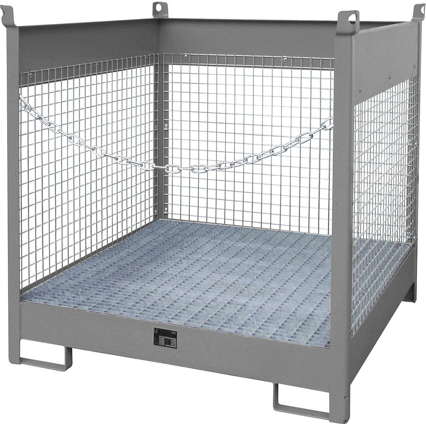 Storage and transport pallet with sump tray, 3 mesh panels, for 4 x 200 l drums, grey.
