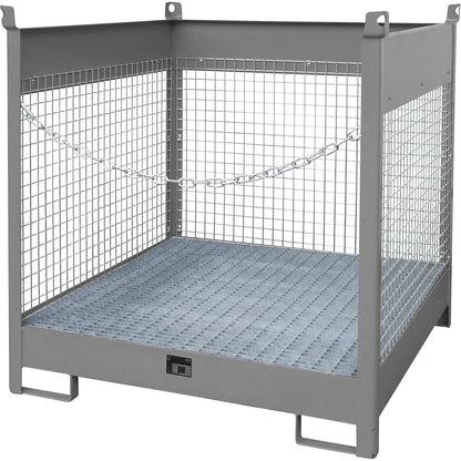 Storage and transport pallet with sump tray, 3 mesh panels, for 4 x 200 l drums, grey.