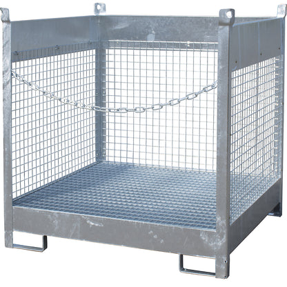 Storage and transport pallet with sump tray, 3 mesh panels, for 4 x 200 l drums, zinc plated.
