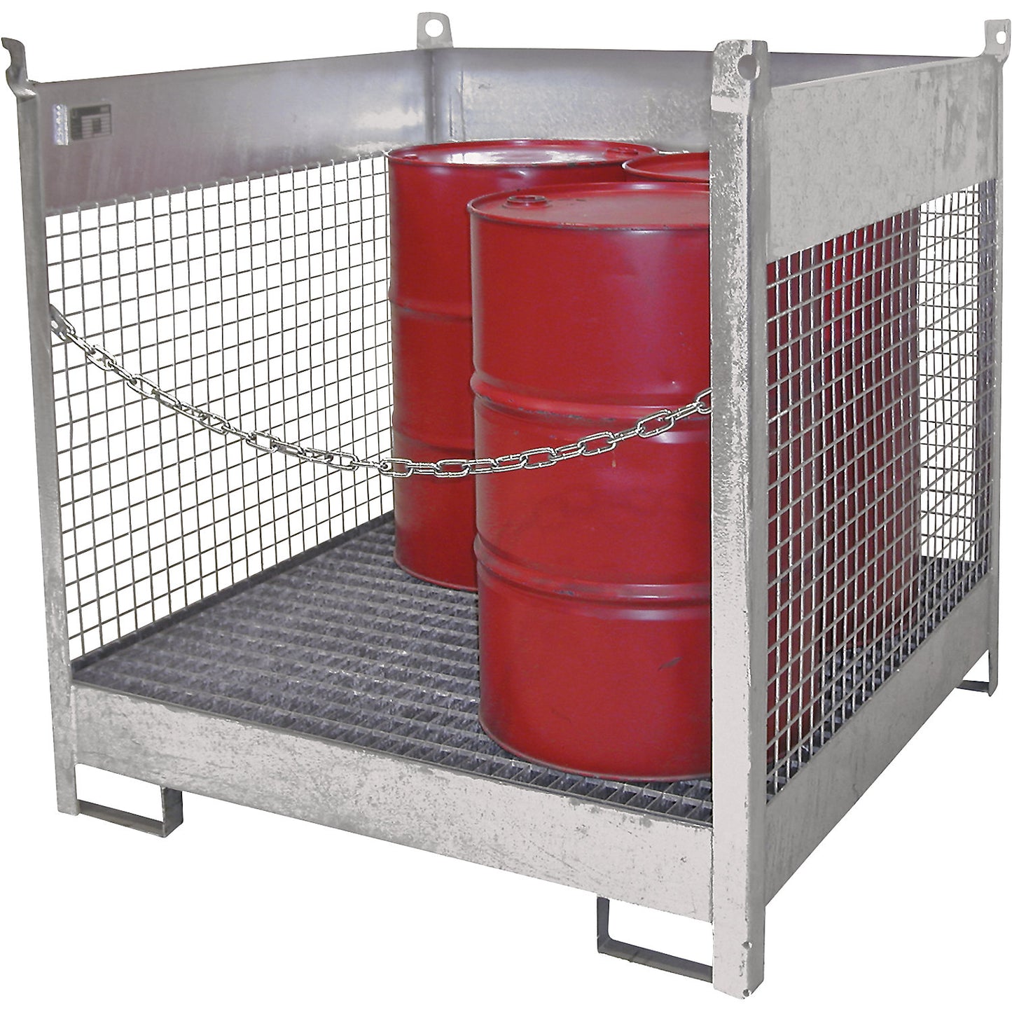 Storage and transport pallet with sump tray, 3 mesh panels, for 4 x 200 l drums, zinc plated.