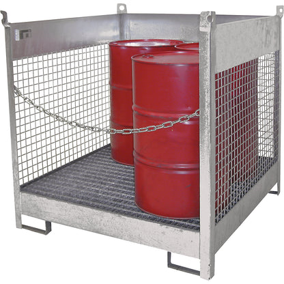 Storage and transport pallet with sump tray, 3 mesh panels, for 4 x 200 l drums, zinc plated.