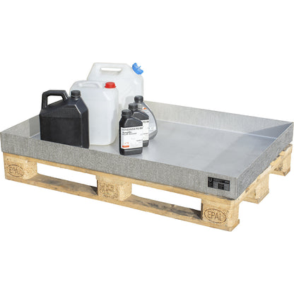 Stainless steel pallet tray, for small containers, 74 l, LxWxH 1200 x 800 x 100 mm.
