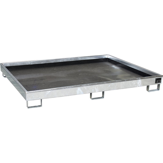 Base sump tray with PE insert, 240 l sump capacity, LxWxH 1765 x 1315 x 255 mm, zinc plated.