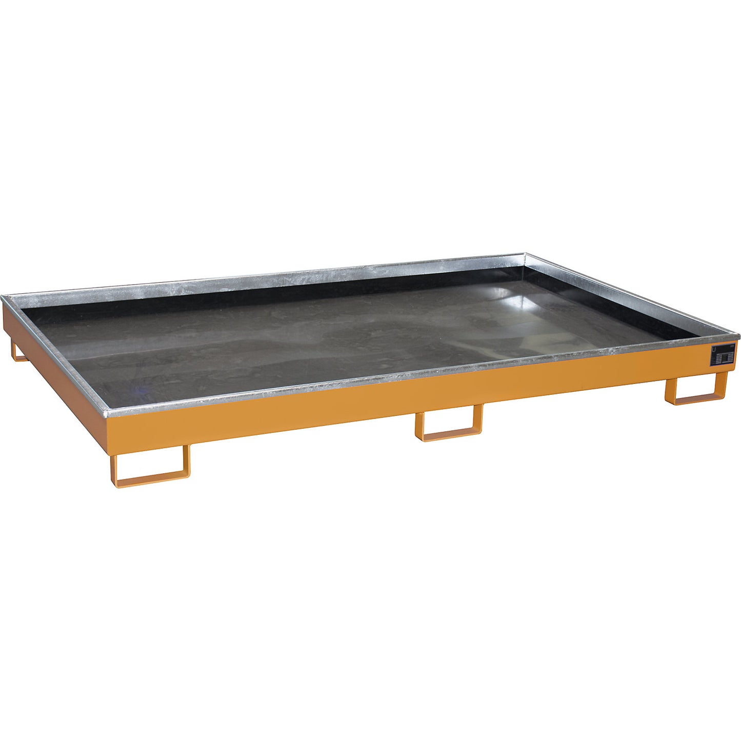 Base sump tray with PE insert, 240 l sump capacity, LxWxH 2165 x 1315 x 230 mm, orange.