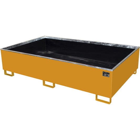 Base sump tray with PE insert, 1000 l sump capacity, LxWxH 2165 x 1315 x 510 mm, orange.