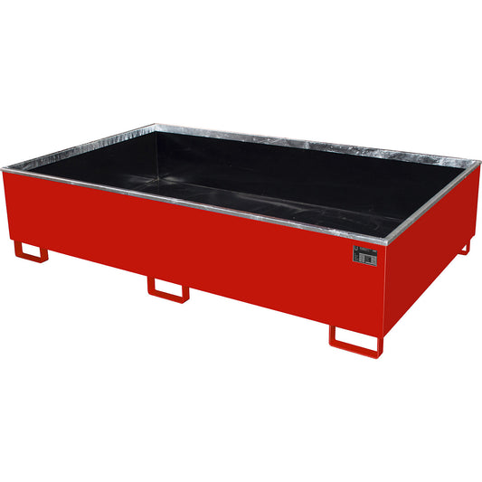 Base sump tray with PE insert, 1000 l sump capacity, LxWxH 2165 x 1315 x 510 mm, red.