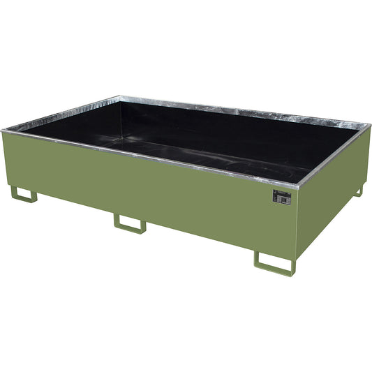 Base sump tray with PE insert, 1000 l sump capacity, LxWxH 2165 x 1315 x 510 mm, green.
