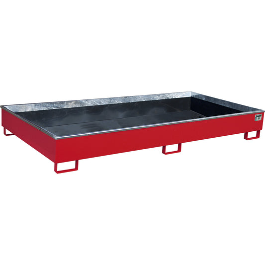 Base sump tray with PE insert, 540 l sump capacity, LxWxH 2665 x 1315 x 305 mm, red.