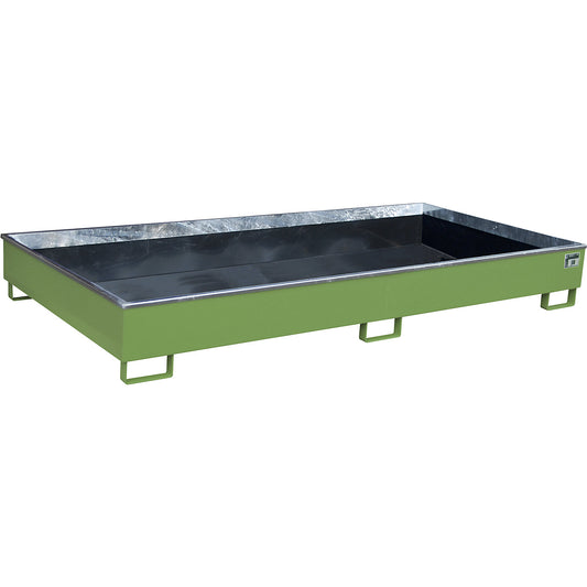 Base sump tray with PE insert, 540 l sump capacity, LxWxH 2665 x 1315 x 305 mm, green.