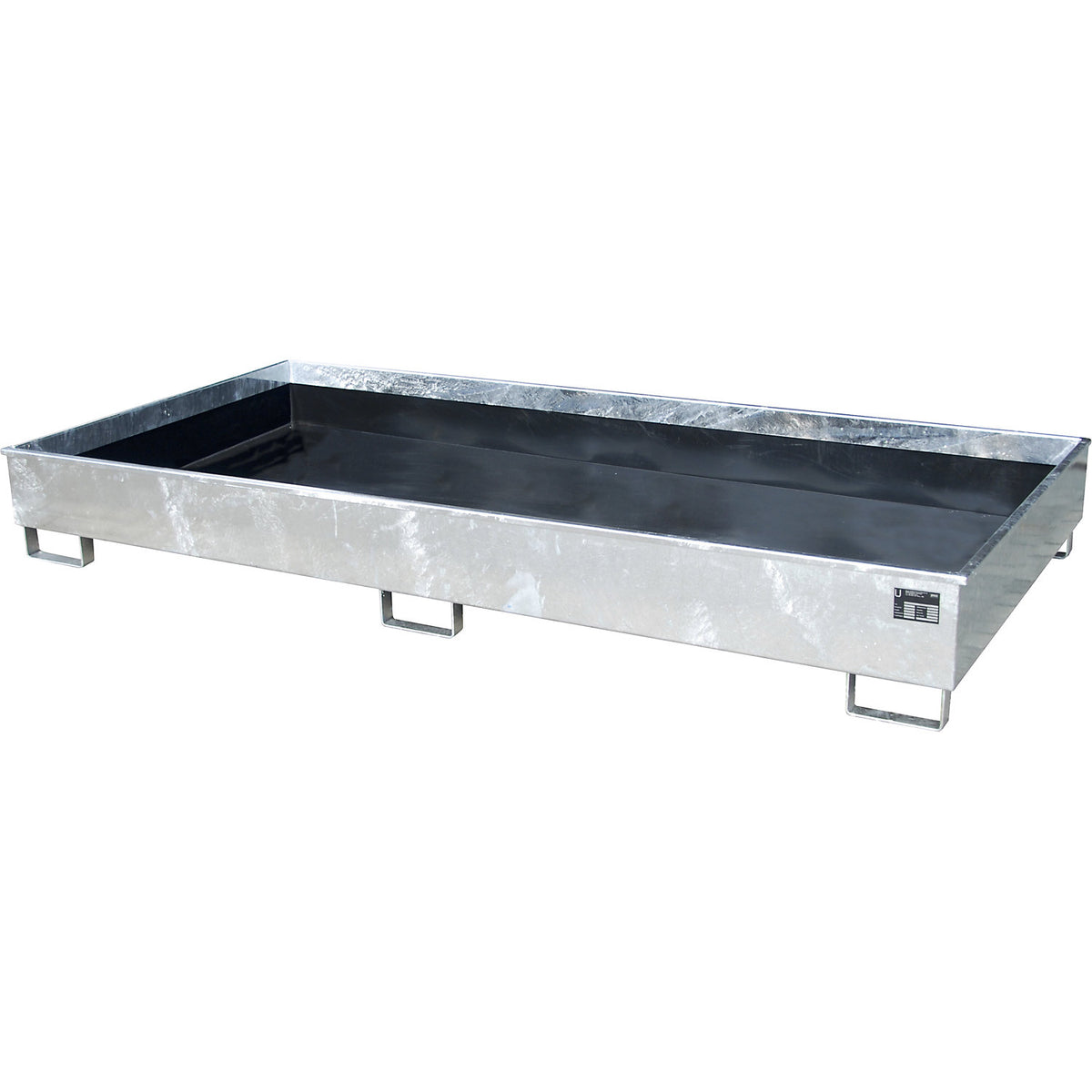 Base sump tray with PE insert, 540 l sump capacity, LxWxH 2665 x 1315 x 305 mm, zinc plated.