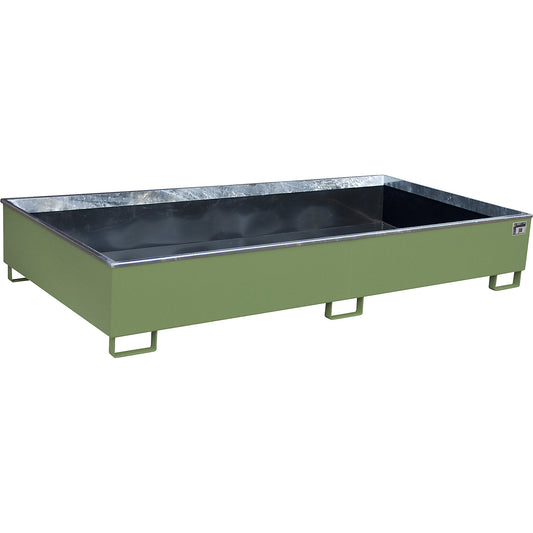 Base sump tray with PE insert, 1000 l sump capacity, LxWxH 2665 x 1315 x 440 mm, green.