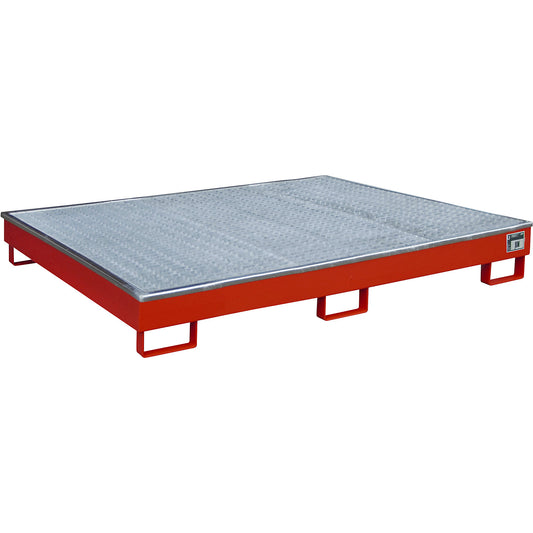 Base sump tray with PE insert, with grate, 256 l, LxWxH 1765 x 1315 x 255 mm, red.