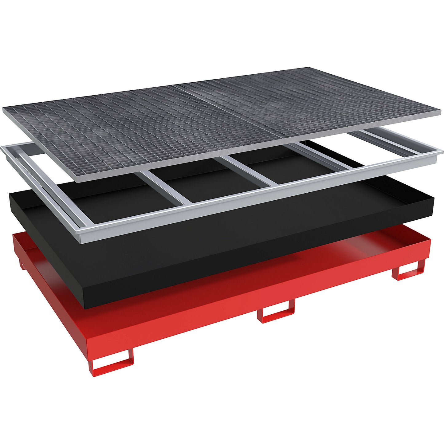 Base sump tray with PE insert, with grate, 240 l, LxWxH 2165 x 1315 x 230 mm, red.