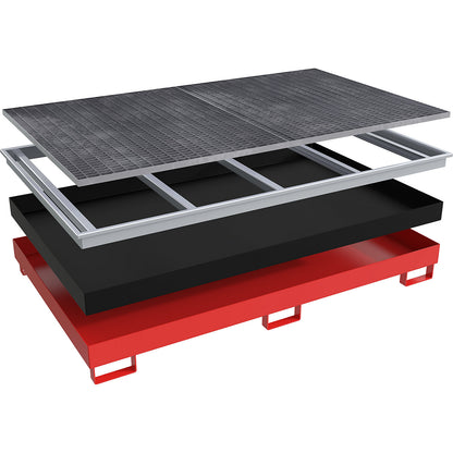 Base sump tray with PE insert, with grate, 240 l, LxWxH 2165 x 1315 x 230 mm, red.