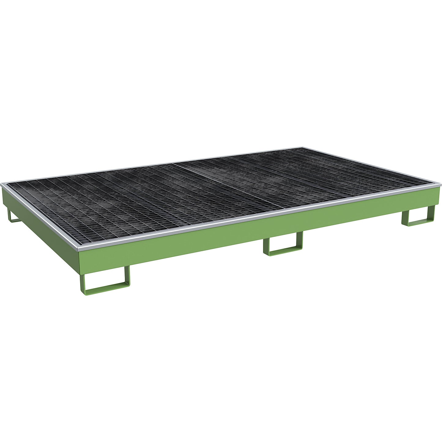 Base sump tray with PE insert, with grate, 240 l, LxWxH 2165 x 1315 x 230 mm, green.