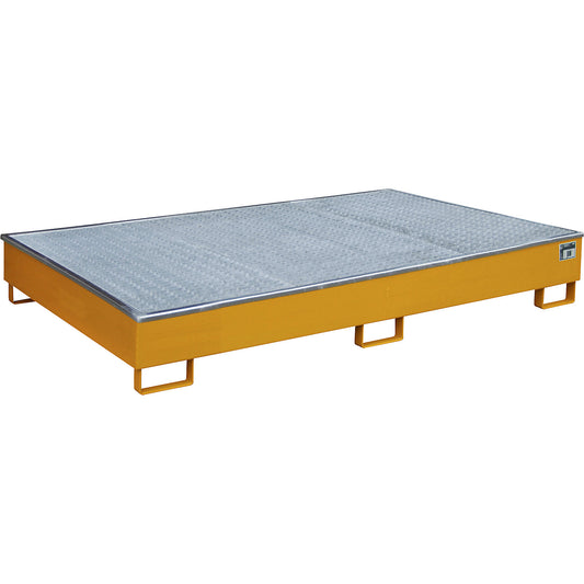 Base sump tray with PE insert, with grate, 1000 l, LxWxH 2165 x 1315 x 510 mm, orange.