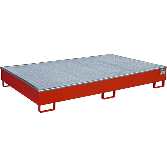 Base sump tray with PE insert, with grate, 1000 l, LxWxH 2165 x 1315 x 510 mm, red.