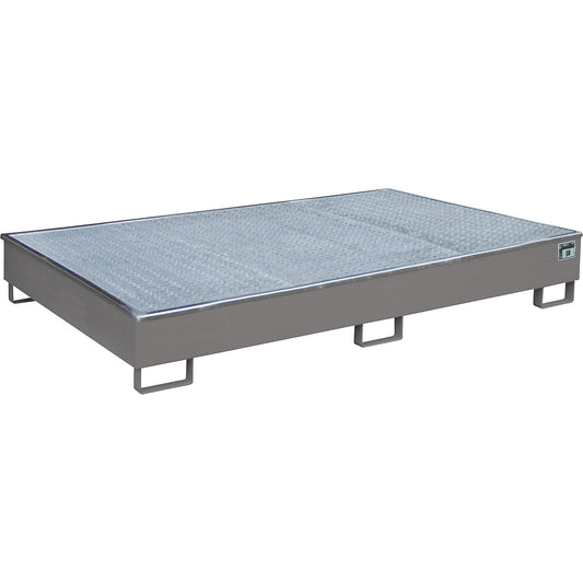 Base sump tray with PE insert, with grate, 1000 l, LxWxH 2165 x 1315 x 510 mm, grey.