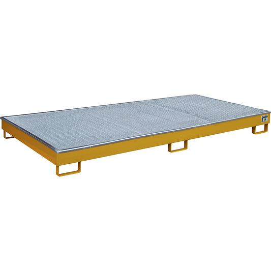 Base sump tray with PE insert, with grate, 240 l, LxWxH 2665 x 1315 x 210 mm, orange.