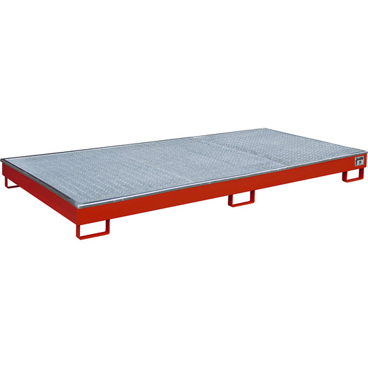 Base sump tray with PE insert, with grate, 240 l, LxWxH 2665 x 1315 x 210 mm, red.