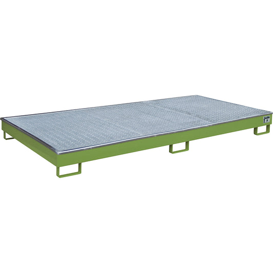 Base sump tray with PE insert, with grate, 240 l, LxWxH 2665 x 1315 x 210 mm, green.