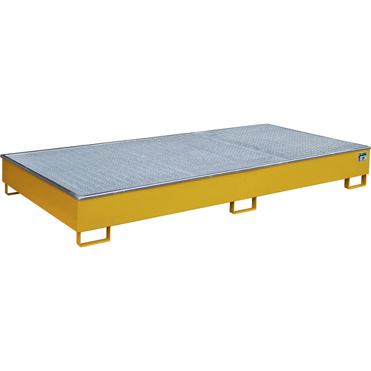 Base sump tray with PE insert, with grate, 540 l, LxWxH 2665 x 1315 x 305 mm, orange.