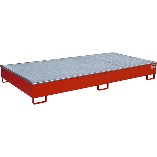 Base sump tray with PE insert, with grate, 540 l, LxWxH 2665 x 1315 x 305 mm, red.