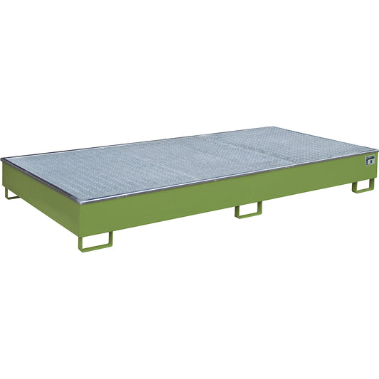 Base sump tray with PE insert, with grate, 540 l, LxWxH 2665 x 1315 x 305 mm, green.