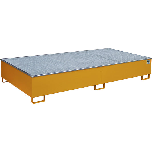 Base sump tray with PE insert, with grate, 1000 l, LxWxH 2665 x 1315 x 440 mm, orange.