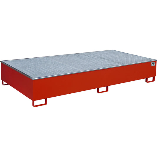 Base sump tray with PE insert, with grate, 1000 l, LxWxH 2665 x 1315 x 440 mm, red.