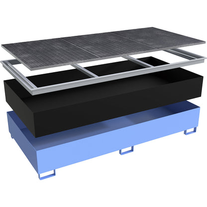 Base sump tray with PE insert, with grate, 1000 l, LxWxH 2665 x 1315 x 440 mm, blue.