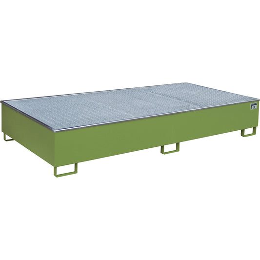 Base sump tray with PE insert, with grate, 1000 l, LxWxH 2665 x 1315 x 440 mm, green.