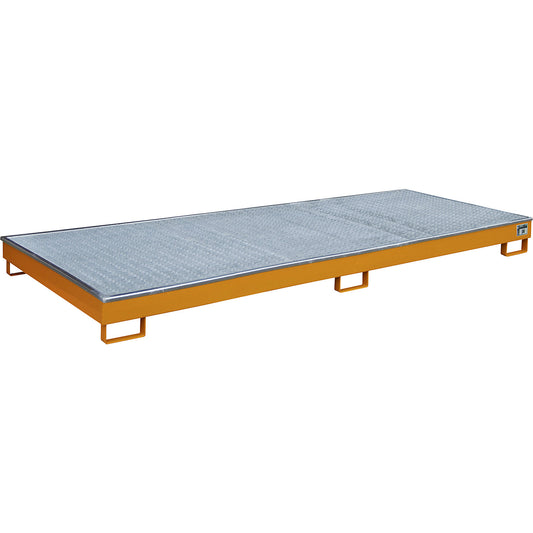 Base sump tray with PE insert, with grate, 240 l, LxWxH 3265 x 1315 x 195 mm, orange.