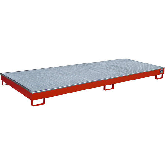 Base sump tray with PE insert, with grate, 240 l, LxWxH 3265 x 1315 x 195 mm, red.