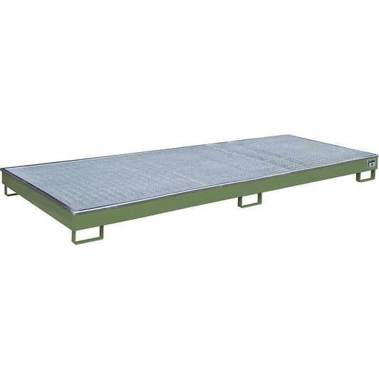 Base sump tray with PE insert, with grate, 240 l, LxWxH 3265 x 1315 x 195 mm, green.