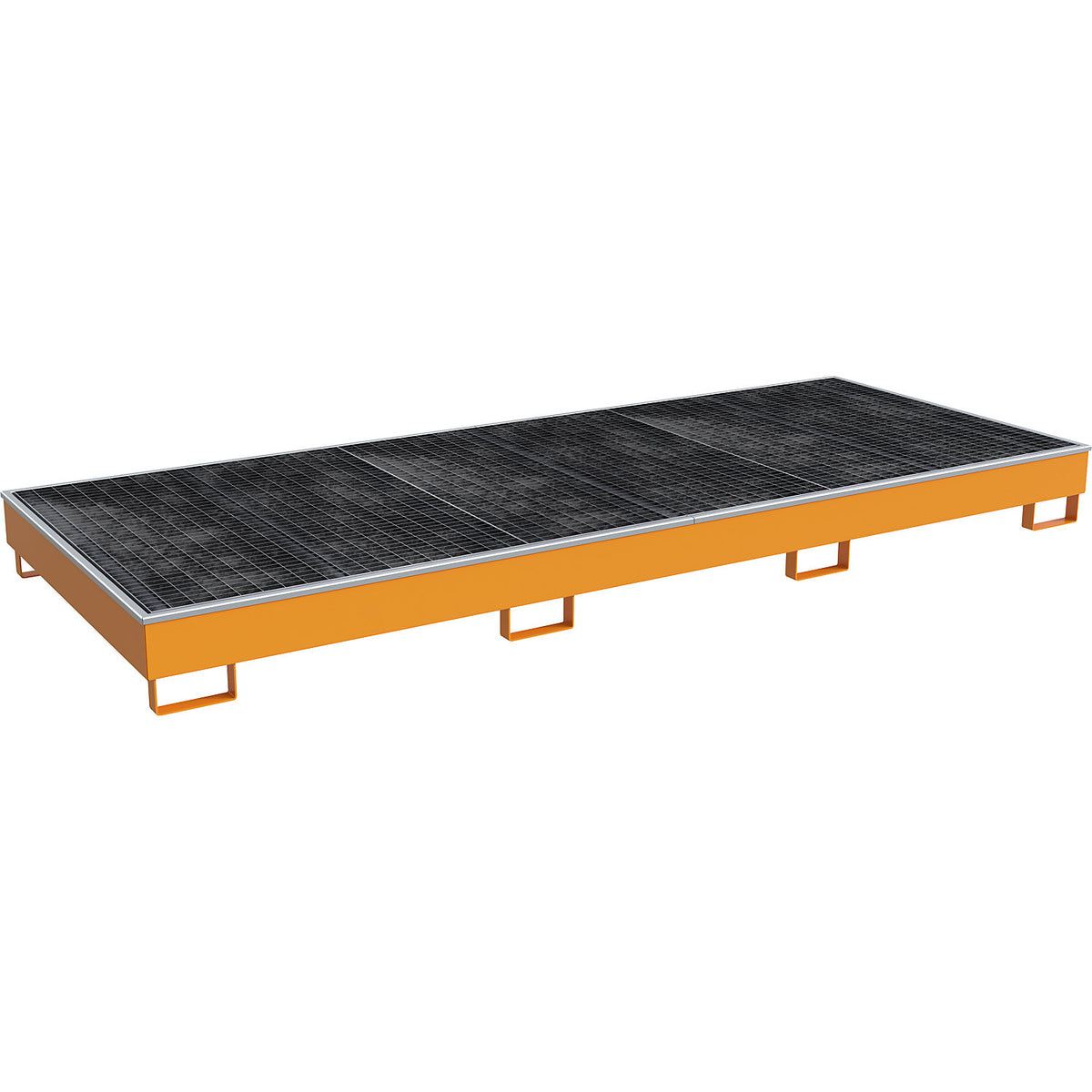Base sump tray with PE insert, with grate, 540 l, LxWxH 3265 x 1315 x 270 mm, orange.