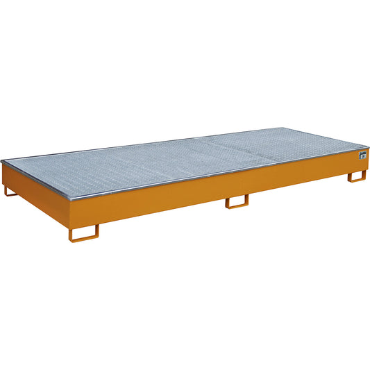 Base sump tray with PE insert, with grate, 540 l, LxWxH 3265 x 1315 x 270 mm, orange.