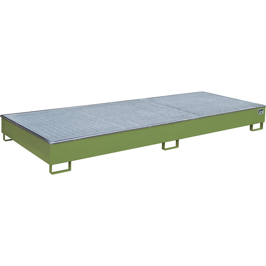 Base sump tray with PE insert, with grate, 540 l, LxWxH 3265 x 1315 x 270 mm, green.