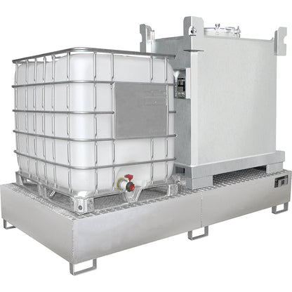 Stainless steel sump tray, for liquid storage container, 2 IBC, LxWxH 2650 x 1300 x 435 mm.
