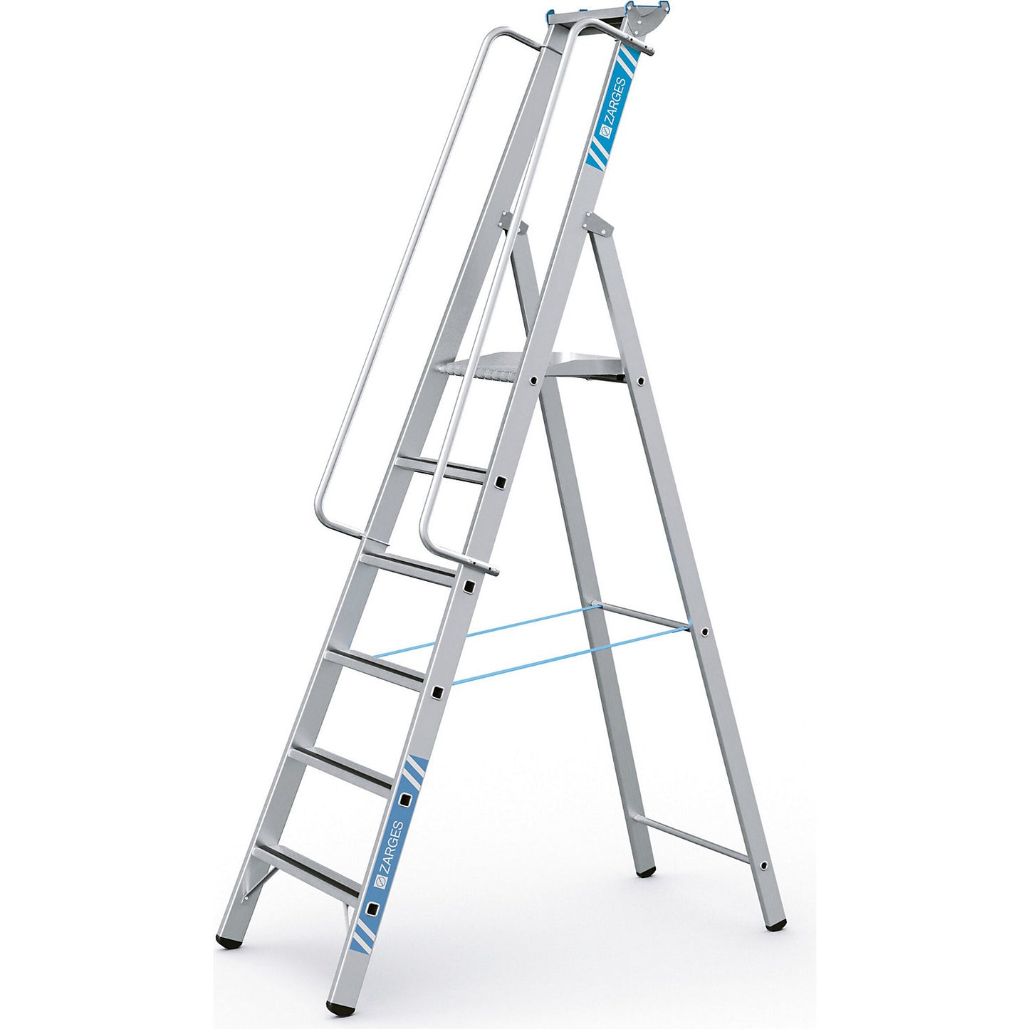 Aluminium step ladder with large platform, with hand rail on both sides, for self-assembly, 6 steps.