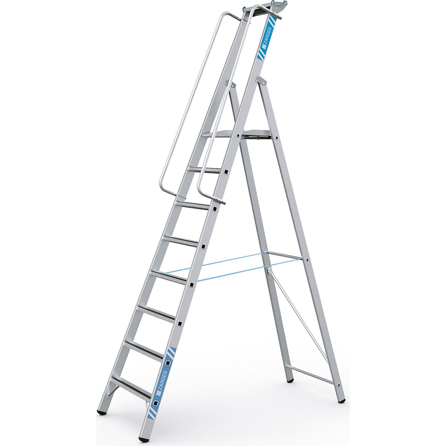 Aluminium step ladder with large platform, with hand rail on both sides, for self-assembly, 8 steps.