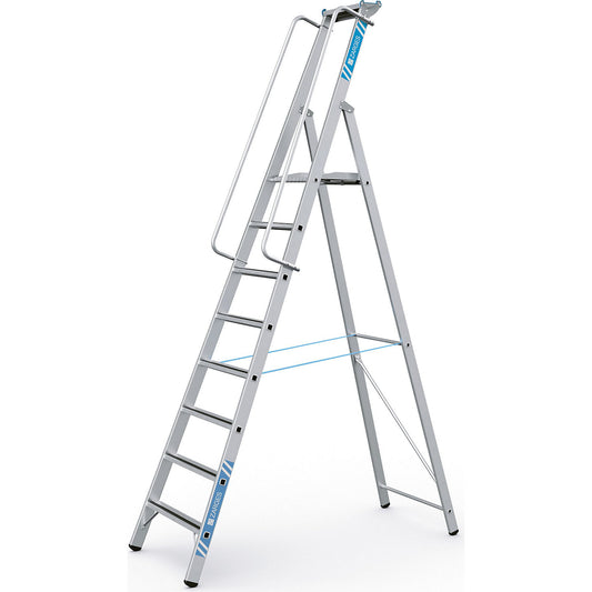 Aluminium step ladder with large platform, with hand rail on both sides, for self-assembly, 8 steps.