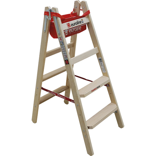 Wooden step ladder with comfort steps, double sided access, 2 x 4 steps.