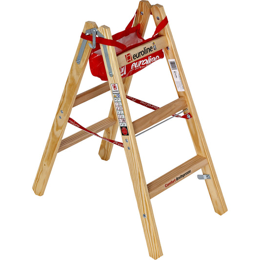 Wooden step ladder with wide comfort rungs, double sided access, 2 x 3 rungs.