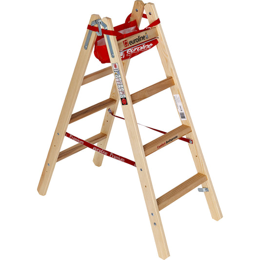 Wooden step ladder with wide comfort rungs, double sided access, 2 x 4 rungs.