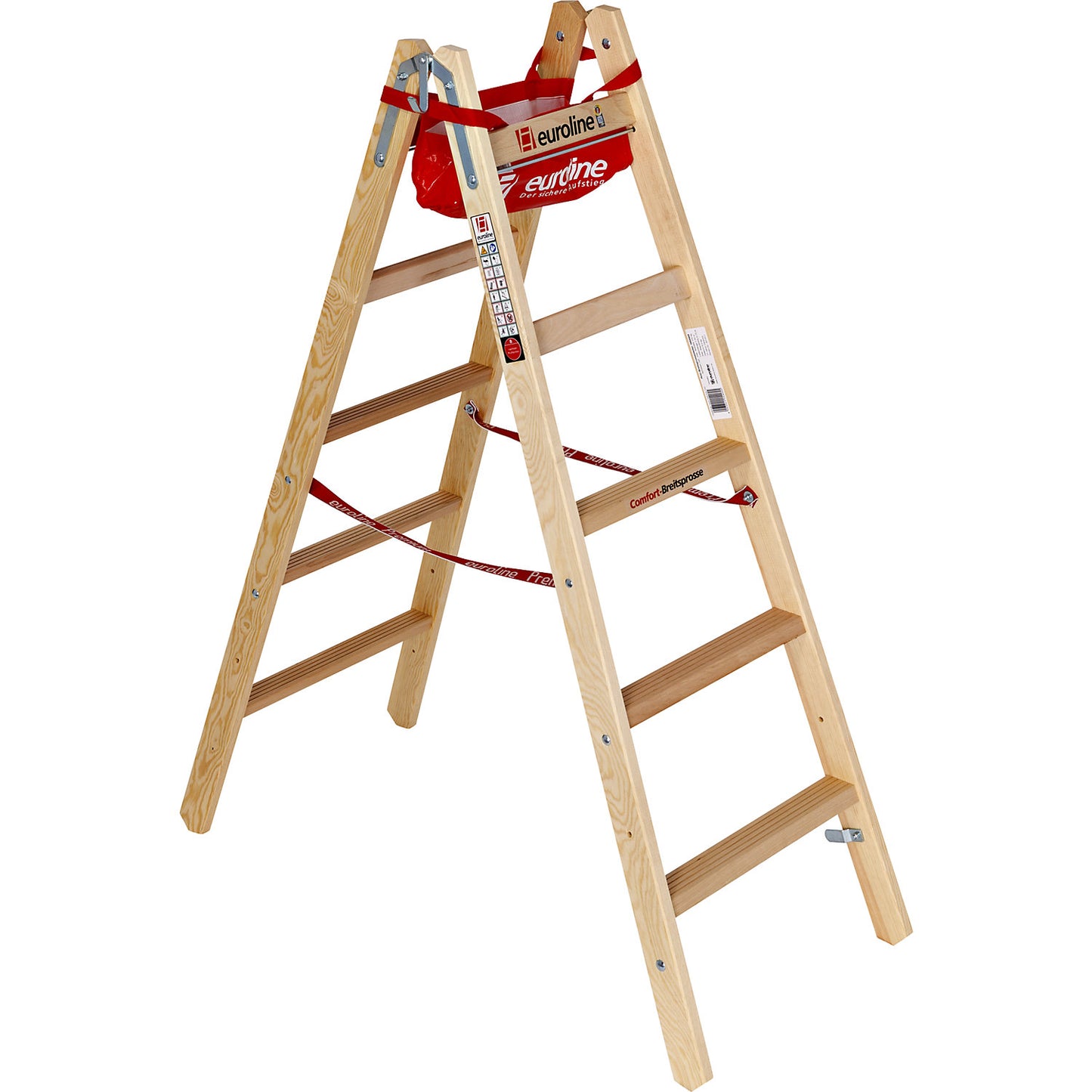 Wooden step ladder with wide comfort rungs, double sided access, 2 x 5 rungs.