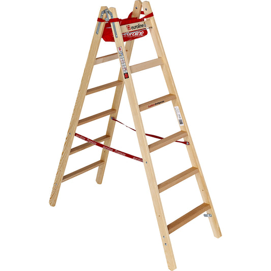 Wooden step ladder with wide comfort rungs, double sided access, 2 x 6 rungs.