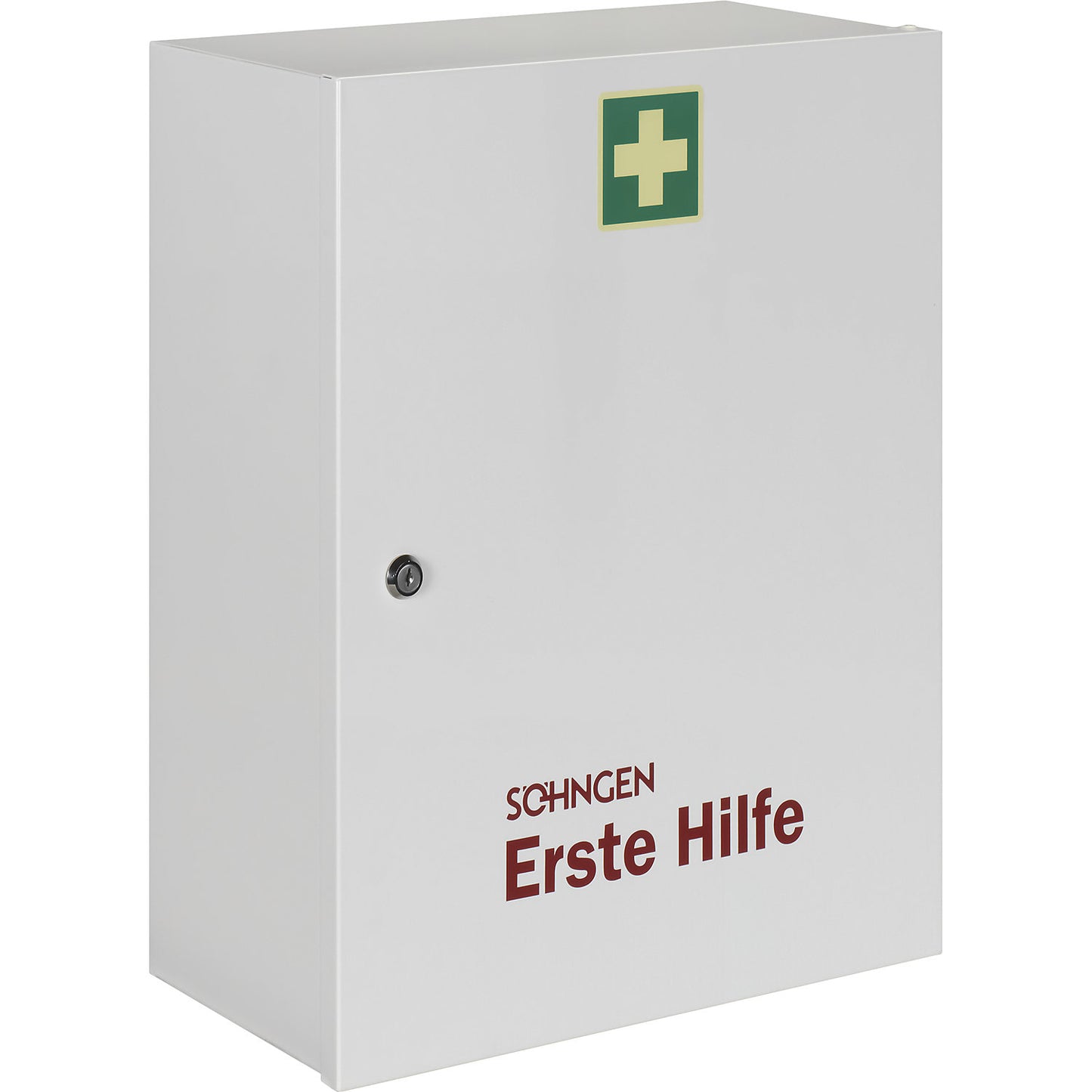 First aid cupboard, DIN 13169, single door, white, HxWxD 552 x 452 x 170 mm, with contents.