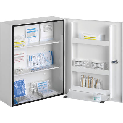 First aid cupboard, DIN 13169, single door, white, HxWxD 552 x 452 x 170 mm, with contents.