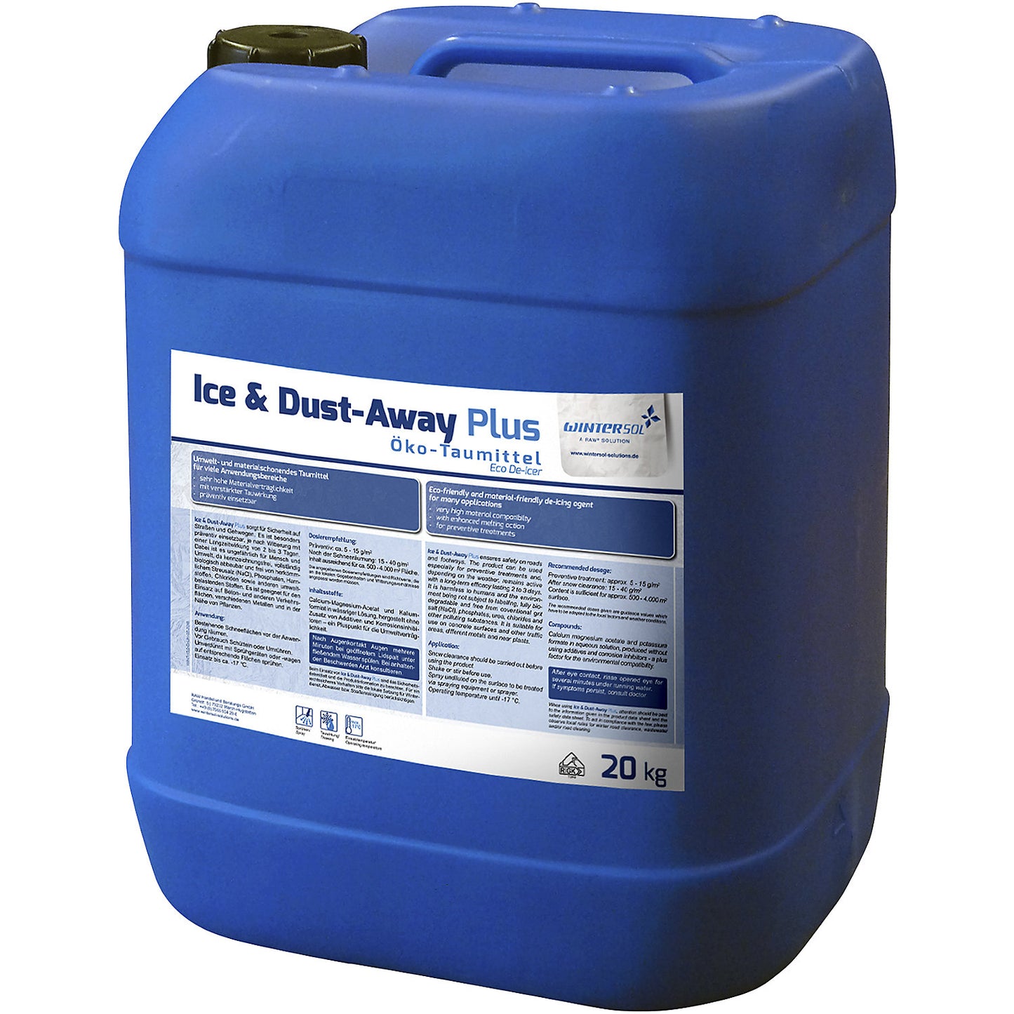 Eco-friendly liquid de-icing agent, de-icing effective down to -17 °C, pack, 20 kg canister, pack of 36.